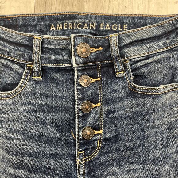 American Eagle Next Level Stretch Hi-Rise Dark Wash Button Distressed Jegging 4 - Picture 4 of 11